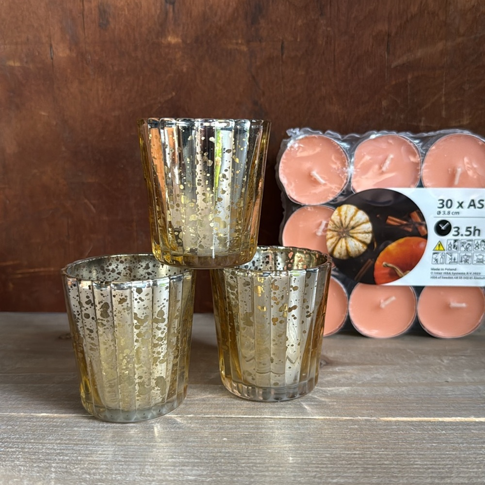 3 Glass Candle Holders & Votive Candles